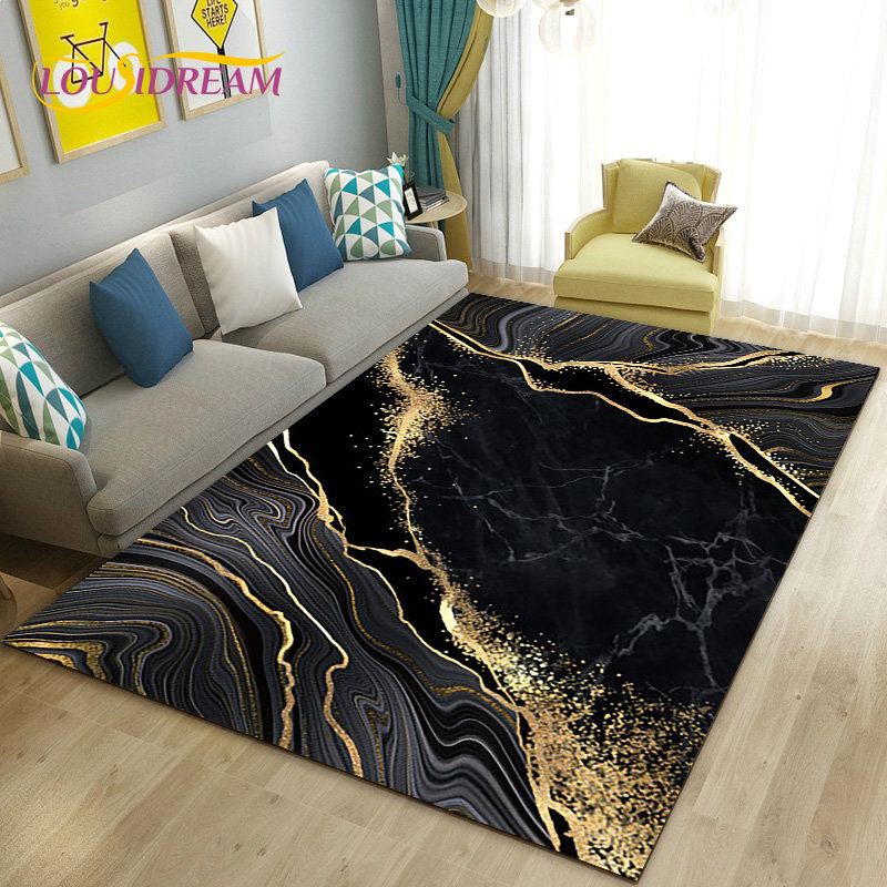 Home Textiles Rug - Nordic Black Gold Blue Marble Area